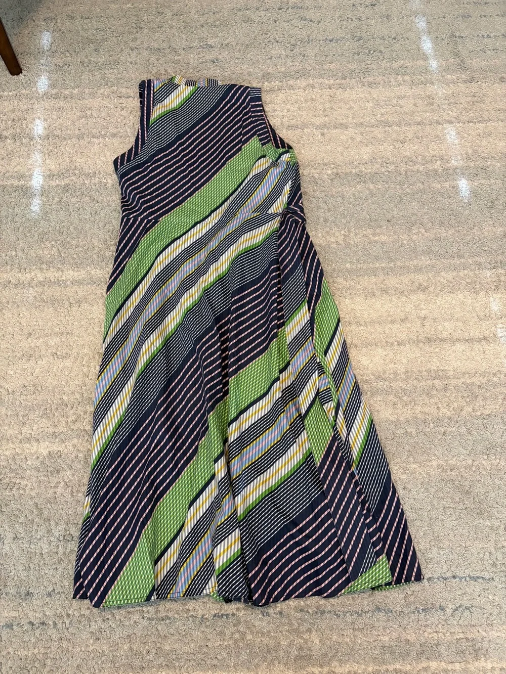 Tory Burch Size 12 Striped Wrap Midi Dress Sleeveless Belted Multicolor Navy Gre